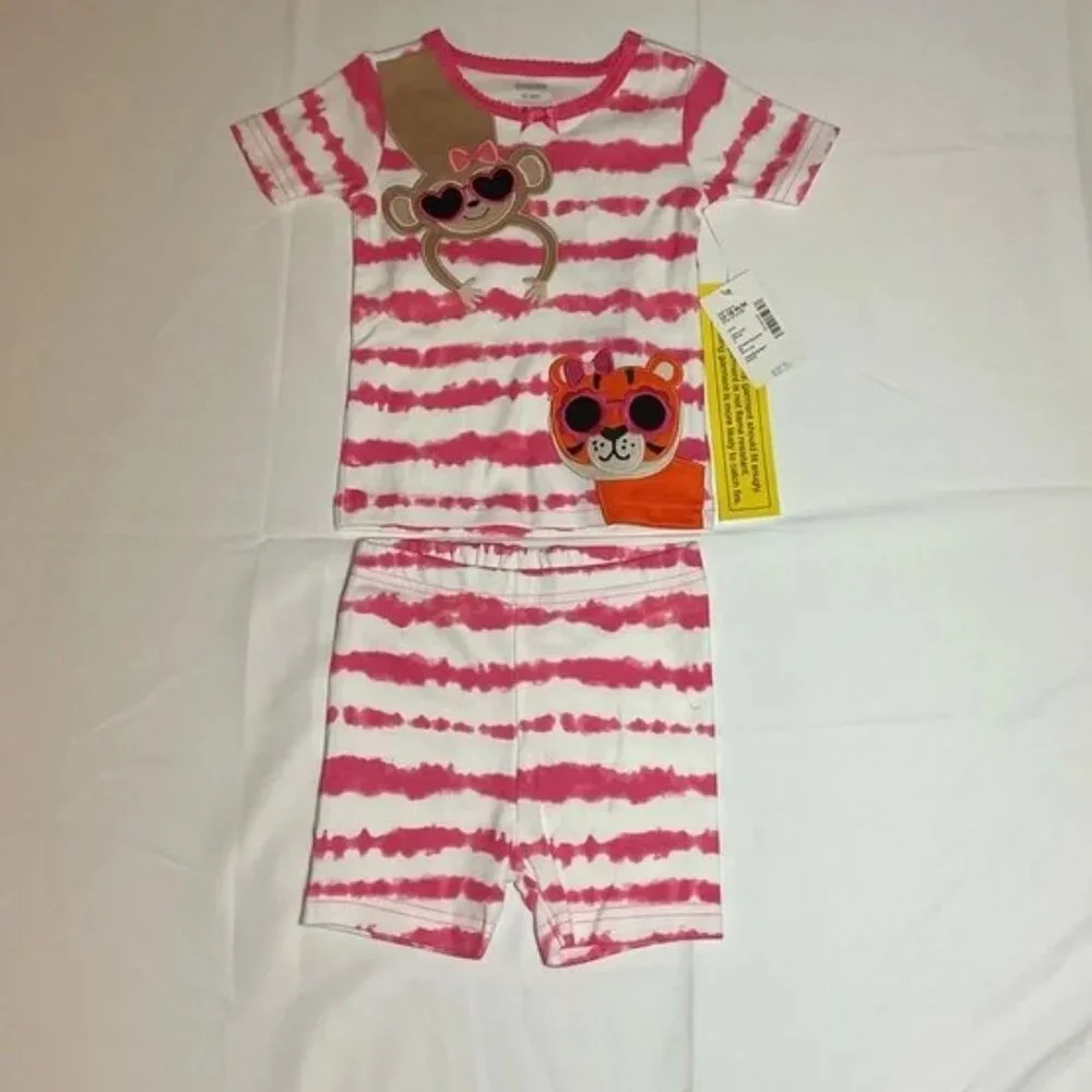Gymboree Girls 12-18 Months White Pink Monkey Tiger Striped Short Sleeve Pajamas